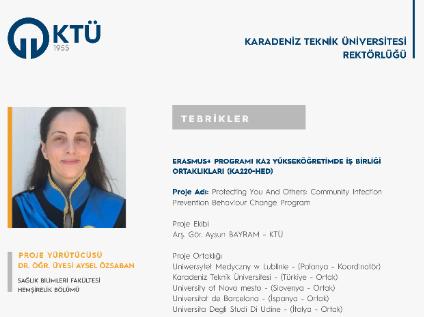 Dr. Öğr. Üyesi Aysel ÖZSABAN'a  Erasmus+ KA2 Yükseköğretimde İş Birliği Ortaklıkları (KA220-HED) Proje Desteği