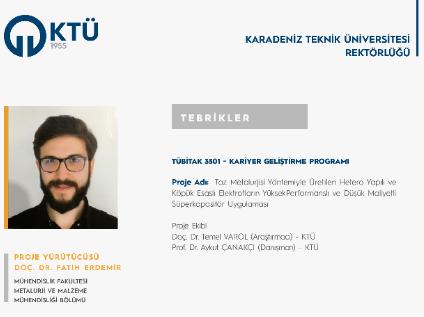 Doç. Dr. Fatih ERDEMİR'e TÜBİTAK 3501 Proje Desteği