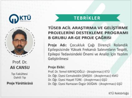 Prof. Dr. Ali CANSU'ya TÜSEB Proje Desteği